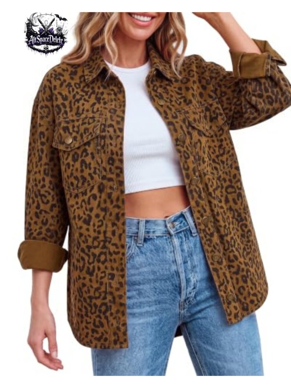 Oversized Denim Jacket Cheetah Print Button Down Shacket